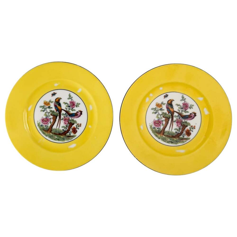 Victoria Czecho-Slovakia Plates Yellow Bird Floral Porcelain 7.5in Pair VTG